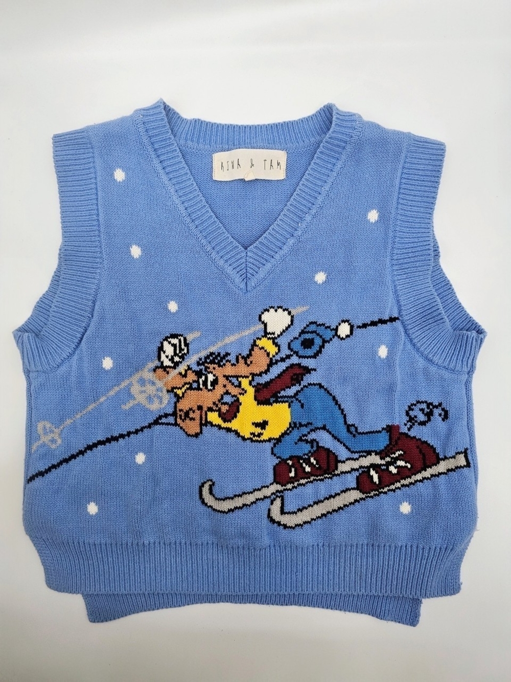 Kina & Tam The Skiing Moose Vest Sweater Vest Blue Knit Graphic Size Small